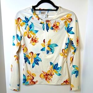 Bar III Cream Fitted Graphic Polo Blouse Size Medium
